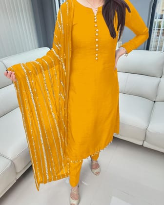 Beautiful Look Yellow Color Designer Kurti Pent With Dupatta-M