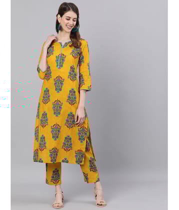 Antaran Cotton Printed Kurti With Pants Womens Stitched Salwar Suit - Yellow ( Pack of 1 ) - None
