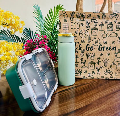 Bento Box & Lovely Matte Finish Stainless Steel Bottle With Free Jute Bag (Combo)-Without Personalised Name Engraving / Green with Green Bottle