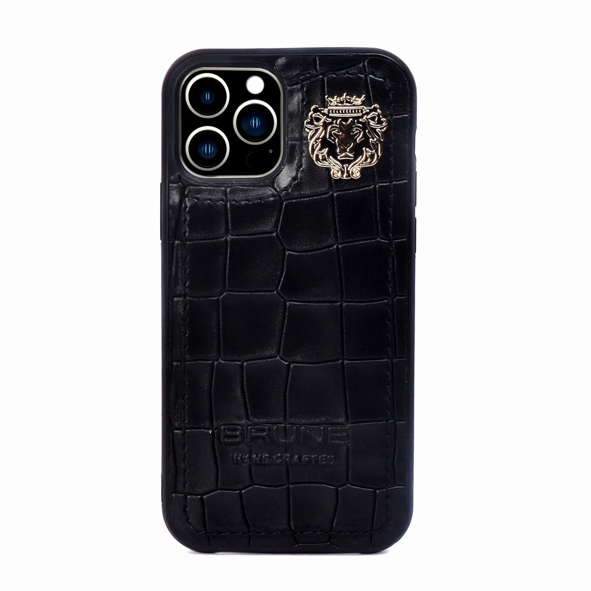 Black Mobile Cover Deep Cut Croco Textured Leather with Metal Lion Logo by Brune & Bareskin-12