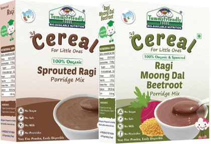 TummyFriendly Foods Certified Organic Sprouted Ragi And 100% Organic Sprouted Ragi, Moong Dal, Beetroot Porridge Mixes, Rich in Calcium, Iron, Fibre & Micro-Nutrients, 200 gm Each Cereal (Pack of 2)