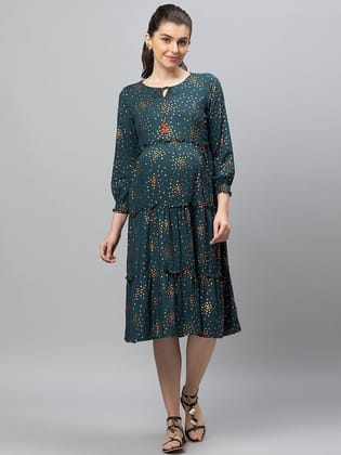 Green Tie-Up Neck Maternity Midi Dress