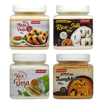Puramio Instant South Indian Breakfast Mix Combo (Rice Dosa, Rice Idli, Medu Vada & Sambhar), 200 gm Each - Pack of 4