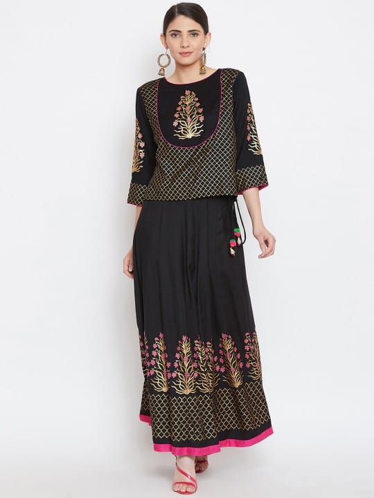 Women Black & Gold-Coloured Self Design Top with Skirt
