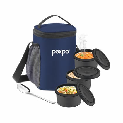 PEXPO Stainless Steel Lunch Box With 3 Air-Tight Containers, 1 Spoon & Bag, Micro Pro | Portable & Durable, 1200 milliliter
