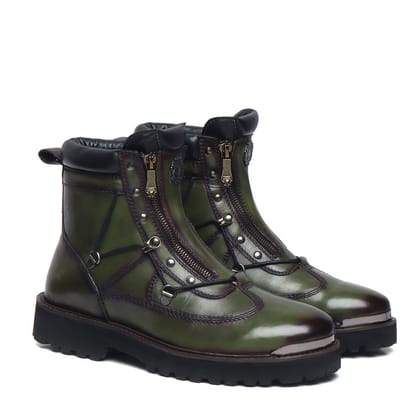 Green Chunky Boots With Metal Plate on Toe-40/6