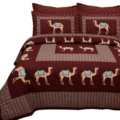 Cotton Jaipuri Camel Printed Double Bedsheet With Pillow Covers-Brown