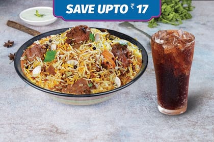 Non Veg Half Kg Biryani + Coke Meal __ Lucknowi Chicken Dum Biryani (Boneless) - Serves 1,Thums Up 330 Ml Can