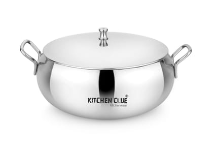 KITCHEN CLUE Stainless Steel Serving Bowl Set with Lid - Pack of 1 Pc, 2000 ML - Ideal for Serving & Storing - Steel Kadhai with Handle for Serving Rice, Dal, Curry, Dry Fruits, Fruits, Etc.