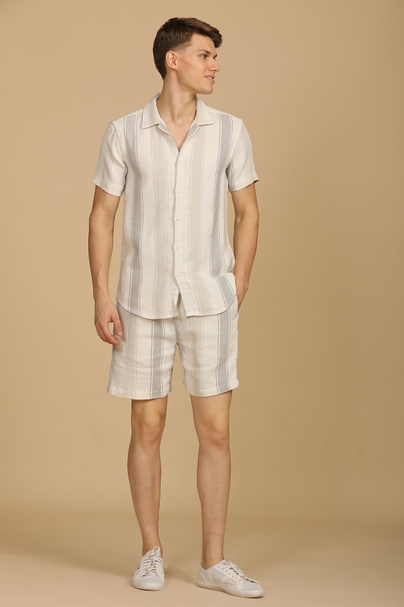Illiana - Dobby Striped Co-Ords - Off White-M-40 / OFF WHITE