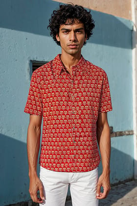 Okhai "Retrograde" Handblock Printed Pure Cotton Half-Sleeved Shirt-S