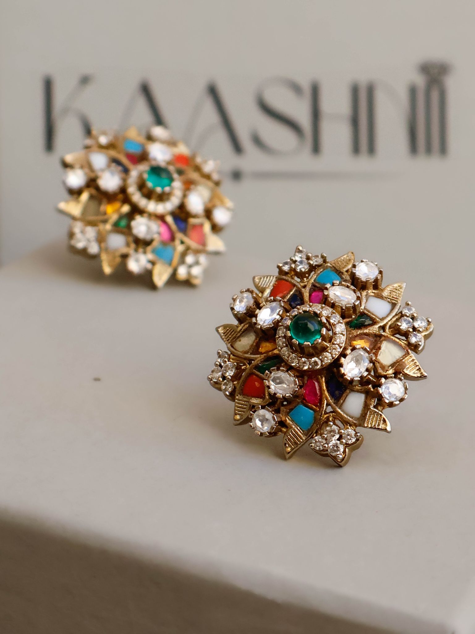 Ori Navrattan Antique Kundan Studs-Multicolored