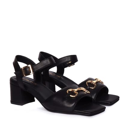 Square Toe Black Blocked Heel Genuine Leather Horse-bit Buckle Strap Ladies Footwear By Brune & Bareskin-36/3