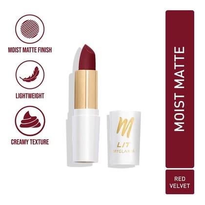 MyGlamm LIT Moist Matte Lipstick - Red Velvet (Cherry Red Shade)| Long Lasting, Pigmented, Hydrating Lipstick with Moringa Oil and Vitamin E
