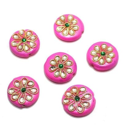 20 Pcs 18x18mm Round Disc Kundan Beads Hot Pink-Pink / Glass