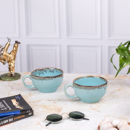 Ceramic Elite Coffee Cups Soup Bowls Set of 2 | Unique Broad Mugs with Handle for Coffee, Soup| Sky Blue | H-2.5" W-5.5"