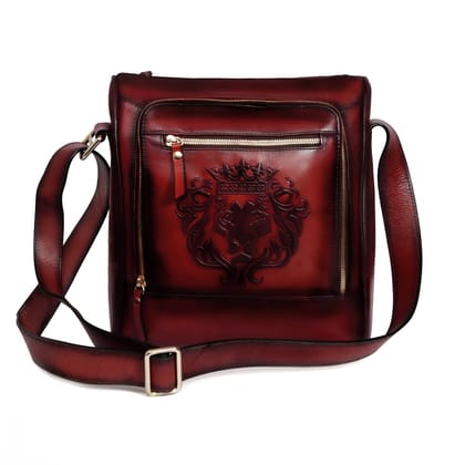 Cross Body Bag In Wine Leather with Embossed Lion-FS