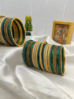 Exquisite Light Cream and Peacock Blue with Green Stone Bangle Set 5025-2.2 / Both Hands