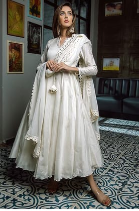 White Sequins Embroidered Chanderi Gown With Dupatta Set-XS-34