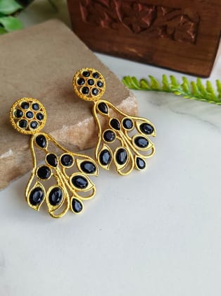 Gold-Plated Dangler Bouquet Earrings with Jade Stones | Sarichka-Black