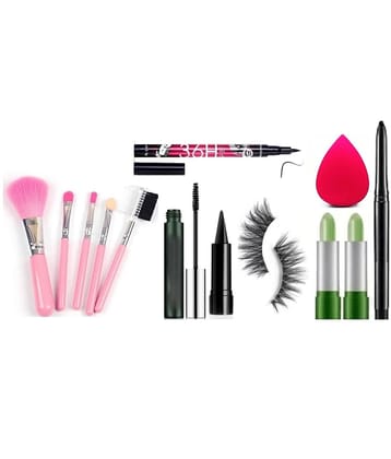 swenky eyeliner mascara aloe vera lipstick false eyelash & makeup brush (Pack of 9)