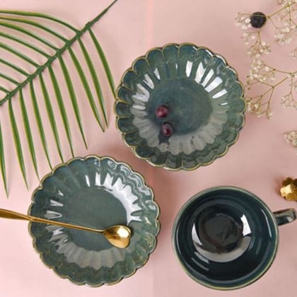 Flower Shallow Snack Bowls & Cappuccino Mugs-5” DIA / Hunter Green / Ceramic