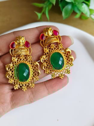 Gold-Plated Dangler Earrings with Jade & Monalisa Stones | Sarichka-Green+Red