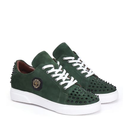 Studded Green Suede Leather Lace-Up Sneakers with Metal Lion logo on Quarter by Brune & Bareskin-40/6