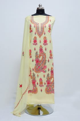 Lemon Colour Designer Aari Work Suit  With  Floral Motif Pattern .-Cool Cotton / 5 meters / Dry Clean only
