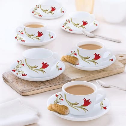 Larah by Borosil Opalware Red Lily Cup and Saucer Set | 140 ML | Set of 12 Pcs