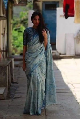 Sky Blue Color Flora Weave Linen Digital Printed Sari 1246