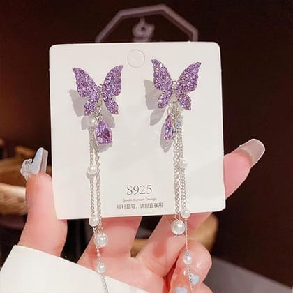 Butterfly Crystal Bead Tassel Earrings-Purple