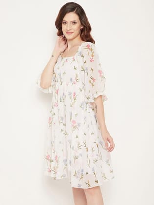 Floral Printed V-Neck Flared Sleeve Flared Georgette Fit & Flare Dress