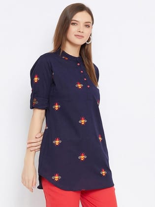 Navy Blue & Red Mandarin Collar Embroidered Tunic