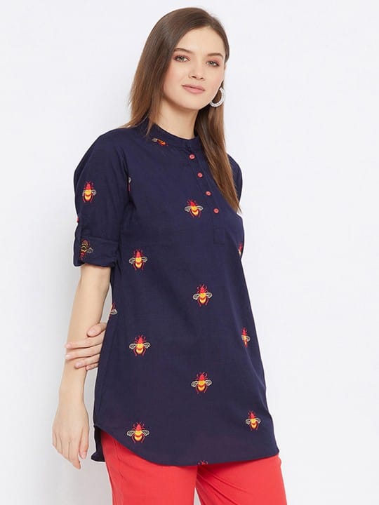 Navy Blue & Red Mandarin Collar Embroidered Tunic