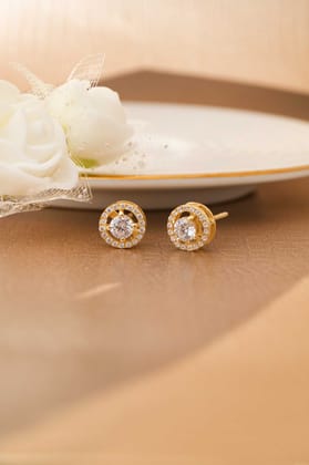Glorious Halo Solitaire Gold Plated Sterling Silver Stud Earrings-Gold