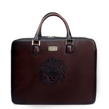 Dark Brown Leather Embossed Lion Laptop Office Briefcase with Organizer Compartment by Brune & Bareskin-FS