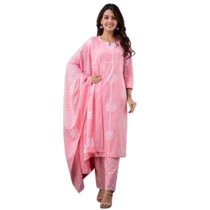 Flower Printed Kurti And Dupatta With Pant For Women-Pink / M-38