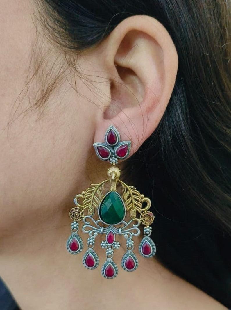 Silver Plated Dual Tone Earrings | Sarichka-Green+Red