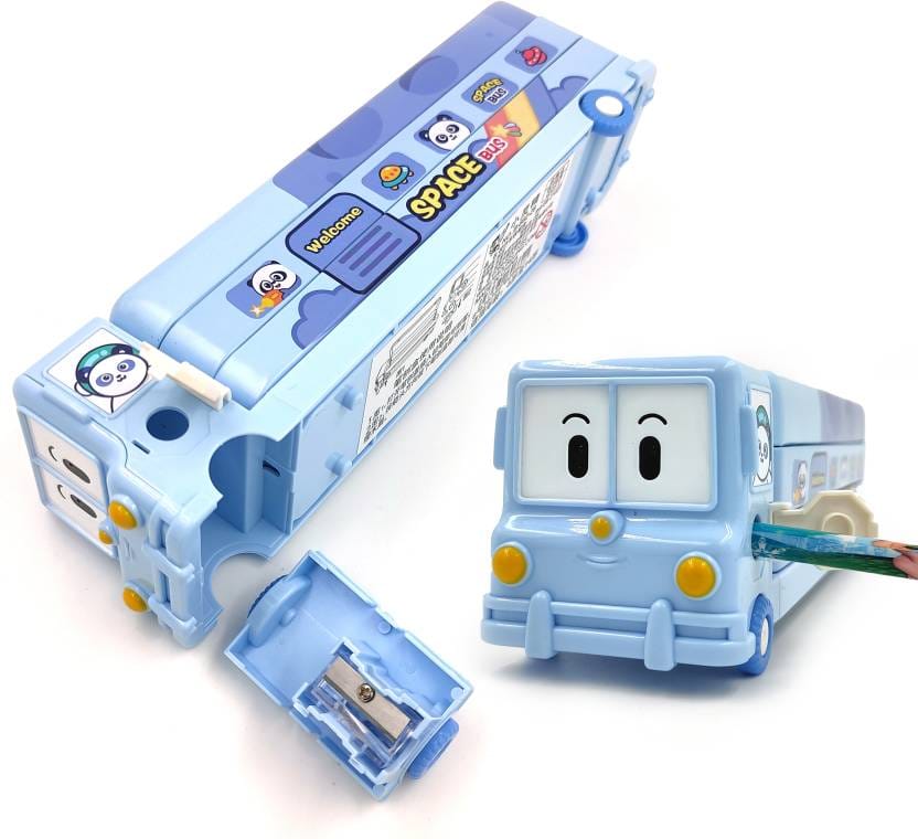 Spot Hunt Bus Pencil Box for Kids, Inbuild Sharpener with Dual Compartment Space Designed Bus, Cute Smile Face Front of The Bus Art Metal Pencil Box  (Set of 1, Blue)