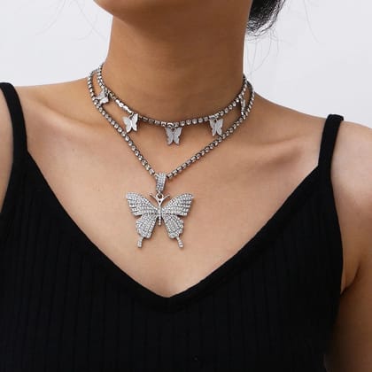 Double Layer Butterfly Choker & Necklace Combo-Silver