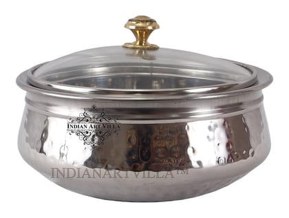 Indian Art Villa Pure Steel D/W Hammered Design Handi Bowl with Glass Lid-300ml