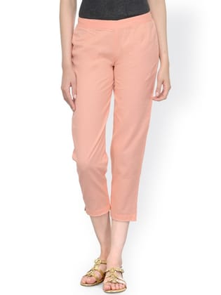 Women Peach-Coloured Relaxed Regular Fit Solid Regular Trousers