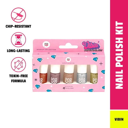 POPxo Makeup - Vibin Mini Nail Kit (Set of 5) | Long Lasting, Chip-Resistant, Glitter Mini Nail Polish Set (15ml x 5)Vibin'