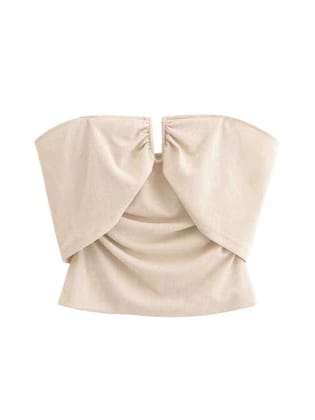 Off Shoulder V Neck Bow Tube Top-Beige / M