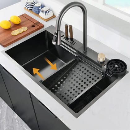 InArt Nano 304 Stainless Steel Single Bowl Handmade Black Color Waterfall Kitchen Sink 32x18 Inches With Faucet Knife Holder Drain Basket SKS061 SKS061