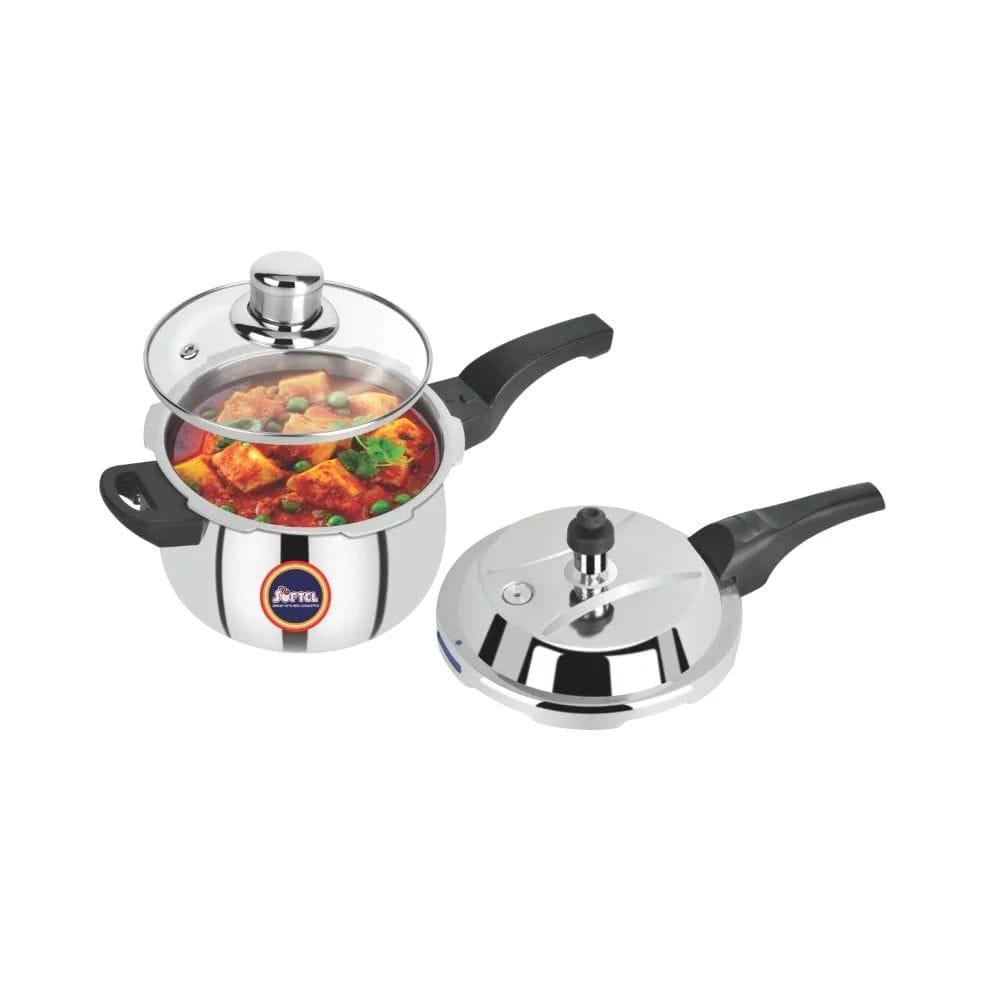 Softel Tri-Ply Stainless Steel Handi Pressure Cooker with Glass Lid | Gas & Induction Compatible | Silver