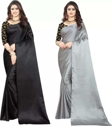 ANSH Womens Satin Solid Saree length (5.5m) & Blouse Piece Size (0.8m) (Black & Grey)