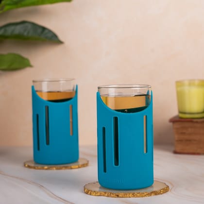 Glasafe-Grip 'N' Sip Borosilicate Drinking Glass with Silicone Sleeve 350ml - Set of 2 (Tranquil Teal)