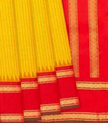 Yellow Handloom Kanchipuram Korvai Silk Saree With Checks & Red Border-Yellow-Yellow